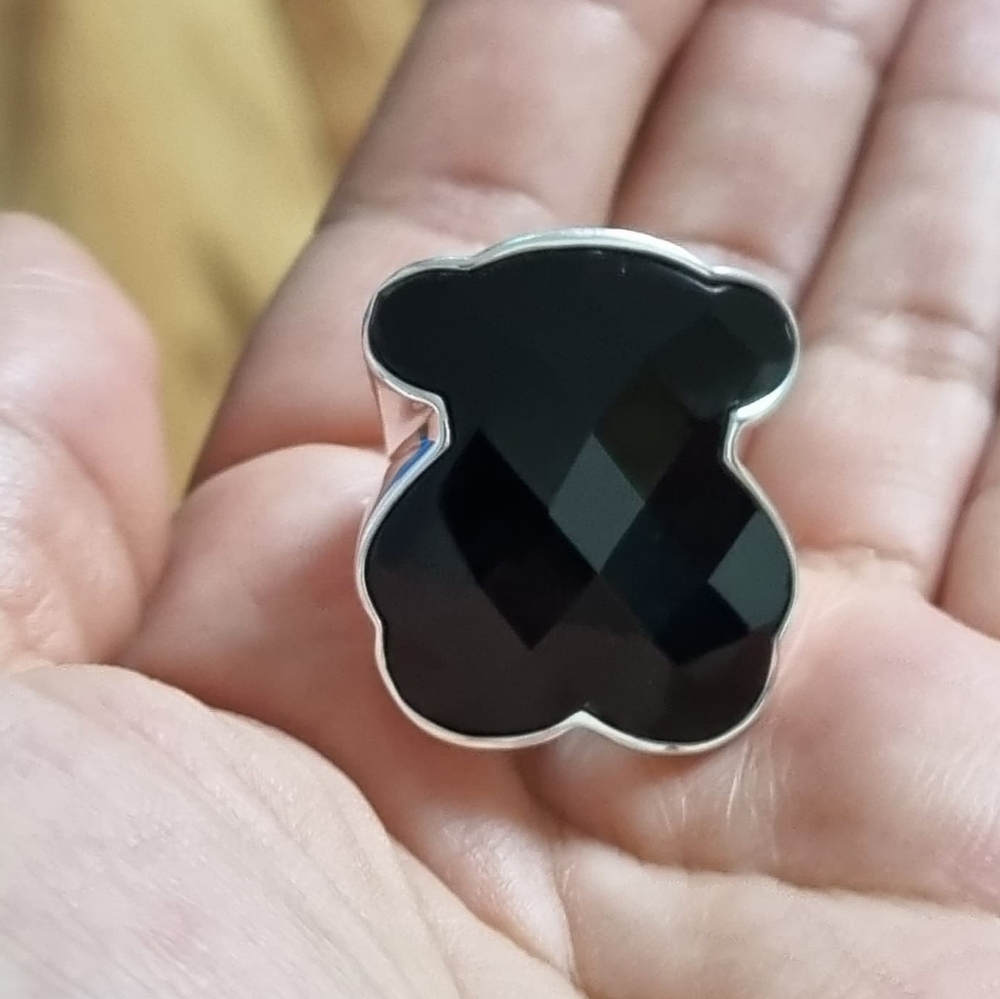 Tous Black Faceted Bear Ring in Silver Tone